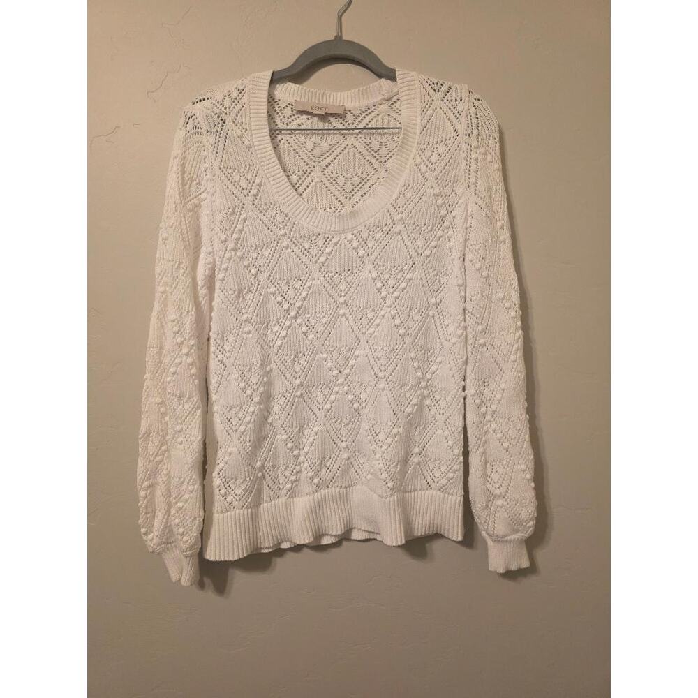 LOFT White Pointelle Knit Sweater Cotton Lightweight Cottagecore Medium